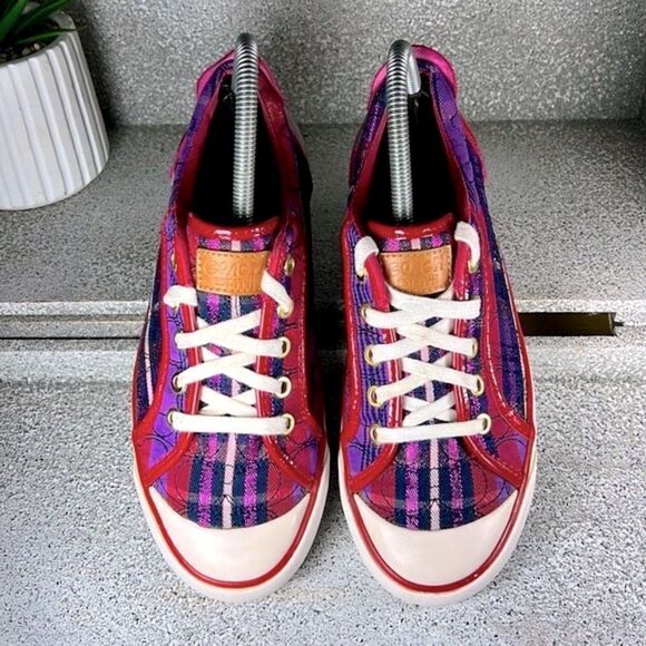 Coach Barrett Signature & Leather Poppy Pink & Purple Plaid Sneaker 8 RARE - Picture 2 of 7